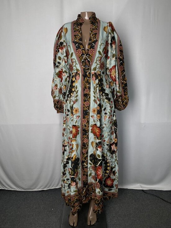 Farm Rio Women’s Flowing Beauty Maxi Dress Size XXS BlueMulti Long Sleeve V-Neck - Picture 1 of 11